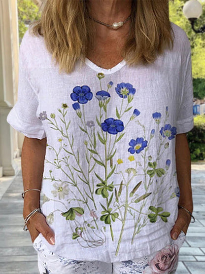 💐🌈T-shirt z krótkim rękawem i bawełnianą lnianą nadrukiem w kwiaty_3984780