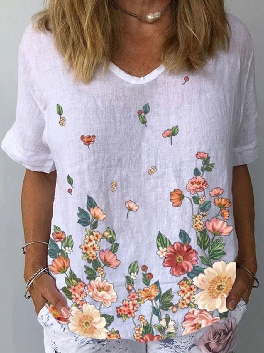 💐🌈T-shirt z krótkim rękawem i bawełnianą lnianą nadrukiem w kwiaty_3984780