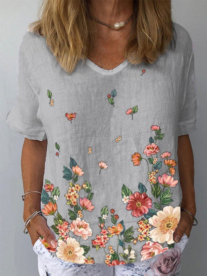💐🌈T-shirt z krótkim rękawem i bawełnianą lnianą nadrukiem w kwiaty_3984780