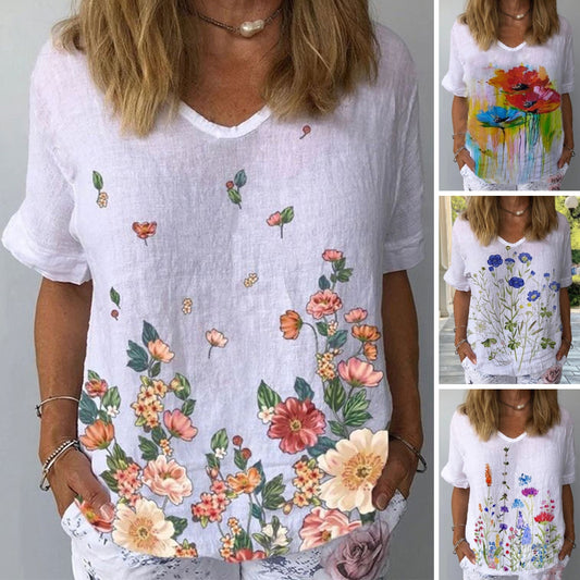 💐🌈T-shirt z krótkim rękawem i bawełnianą lnianą nadrukiem w kwiaty_3984780