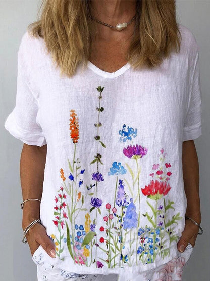 💐🌈T-shirt z krótkim rękawem i bawełnianą lnianą nadrukiem w kwiaty_3984780