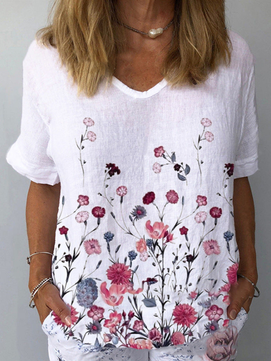 💐🌈T-shirt z krótkim rękawem i bawełnianą lnianą nadrukiem w kwiaty_3984780