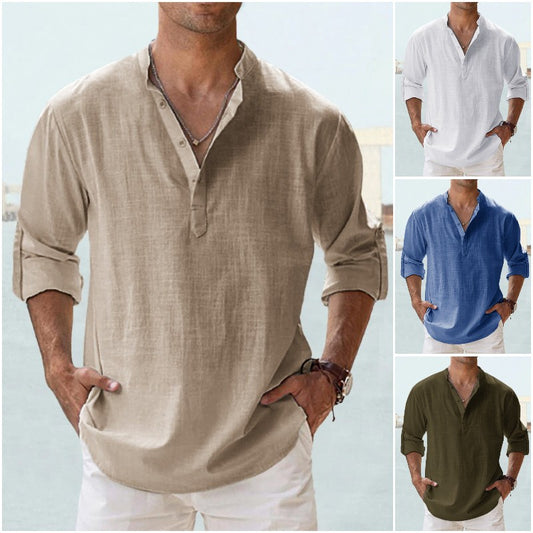 🤩【S-5XL】 Cămașă pentru bărbați cu mâneci lungi, material din bumbac și in._3979501